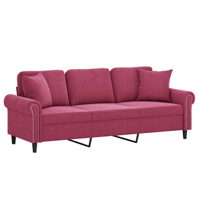 3-personers sofa med pyntepuder 180 cm velour vinrød