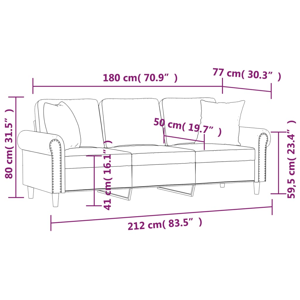 3-personers sofa med pyntepuder 180 cm velour vinrød