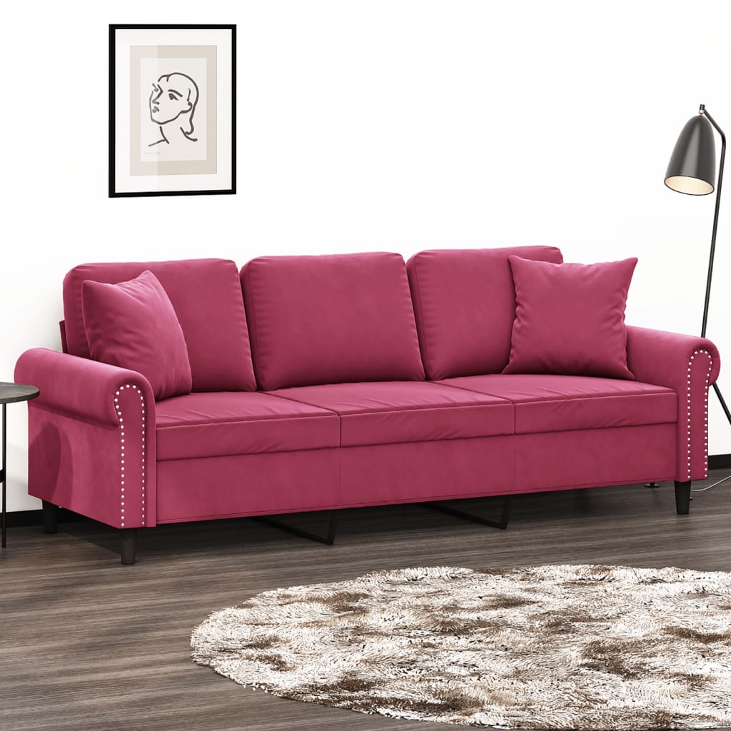 3-personers sofa med pyntepuder 180 cm velour vinrød