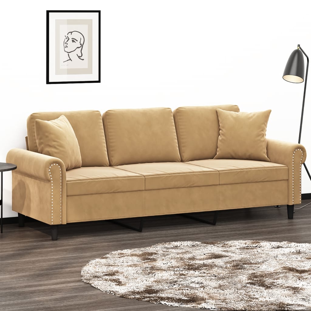 3-personers sofa med pyntepuder 180 cm velour brun