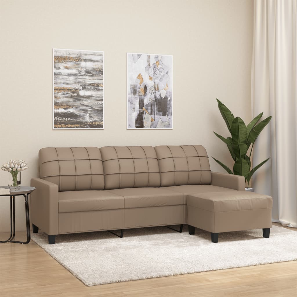 3-personers sofa med fodskammel 180 cm kunstlæder cappuccino