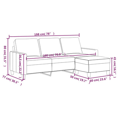 3-personers sofa med fodskammel 180 cm kunstlæder vinrød