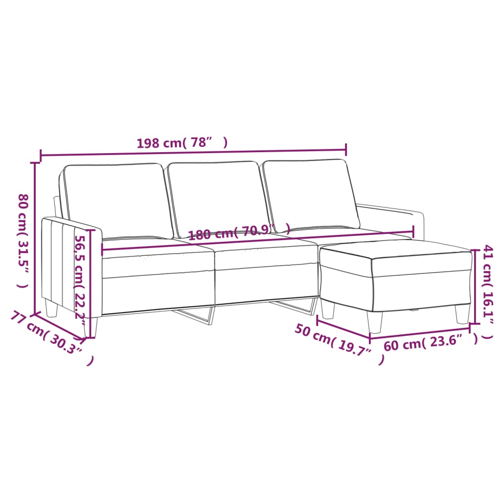 3-personers sofa med fodskammel 180 cm stof lysegul