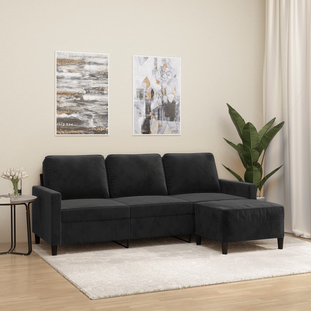 3-personers sofa med fodskammel 180 cm velour sort