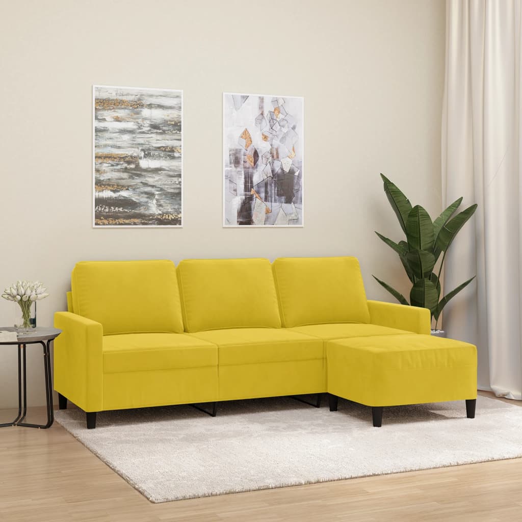 3-personers sofa med fodskammel 180 cm velour gul