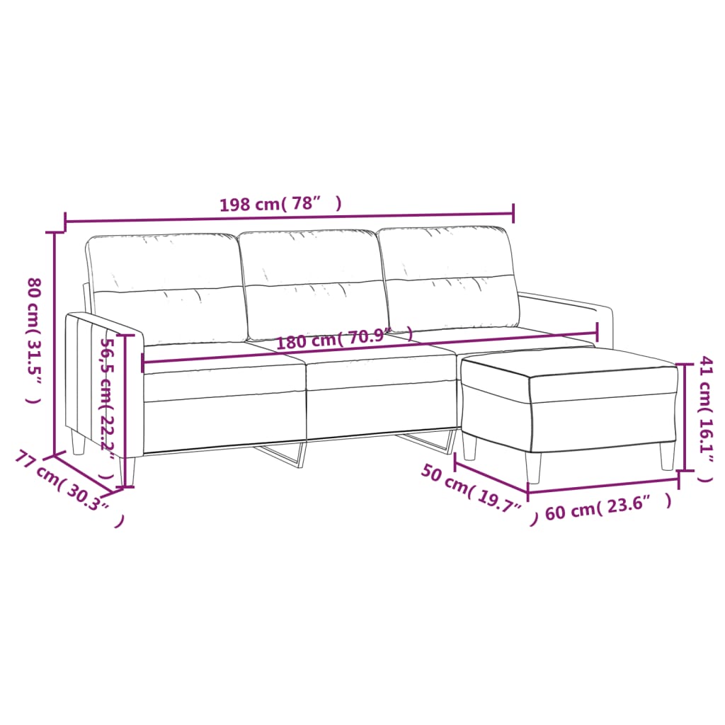 3-personers sofa med fodskammel 180 cm stof Lysegrå