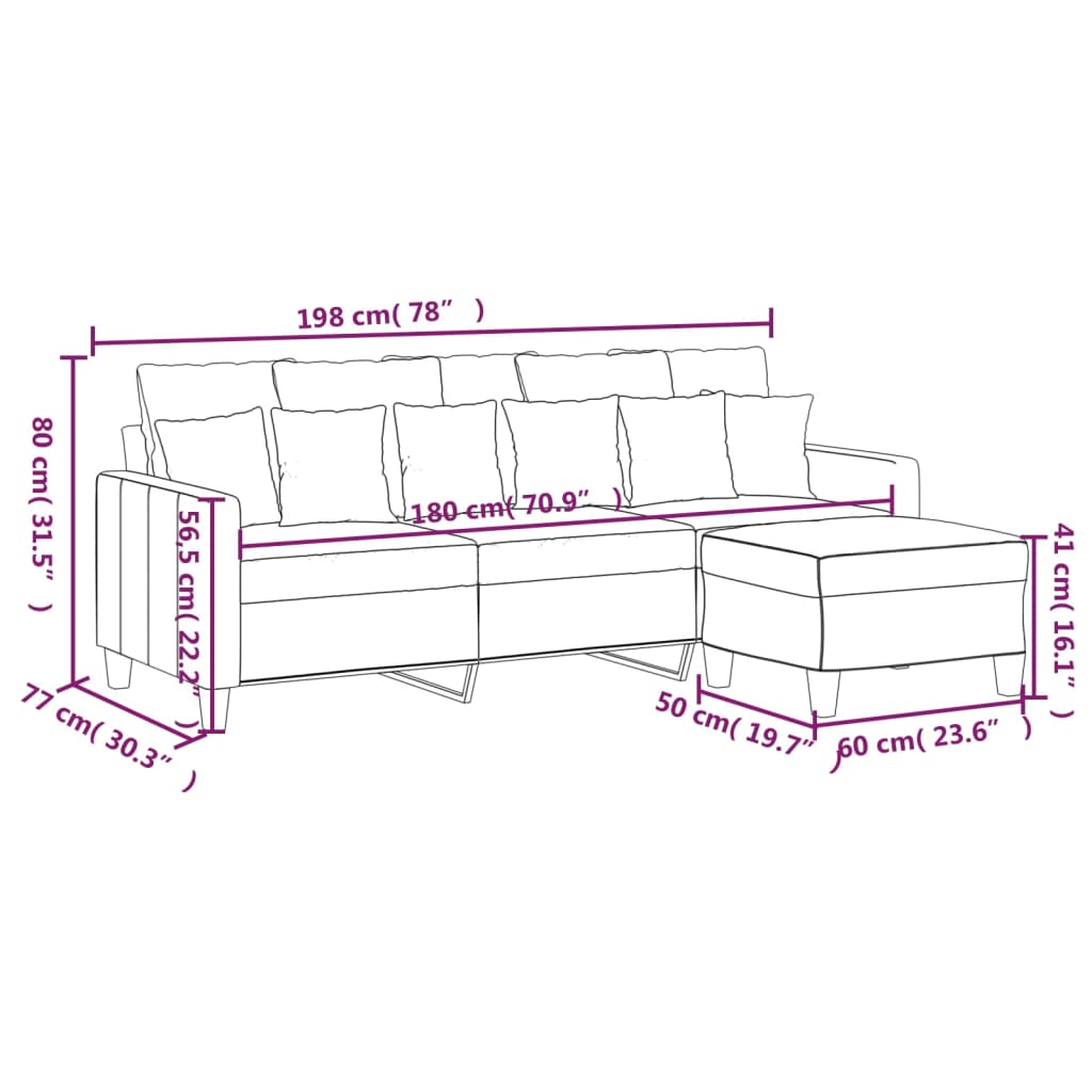 3-personers sofa med fodskammel 180 cm stof lysegul