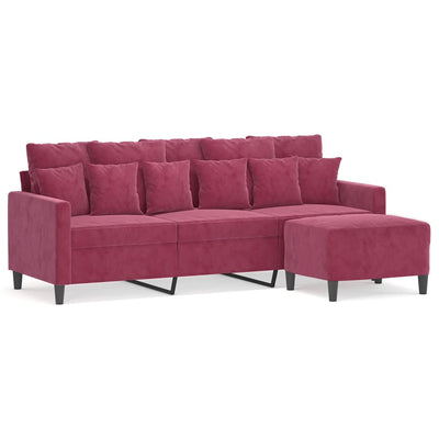 3-personers sofa med fodskammel 180 cm velour vinrød