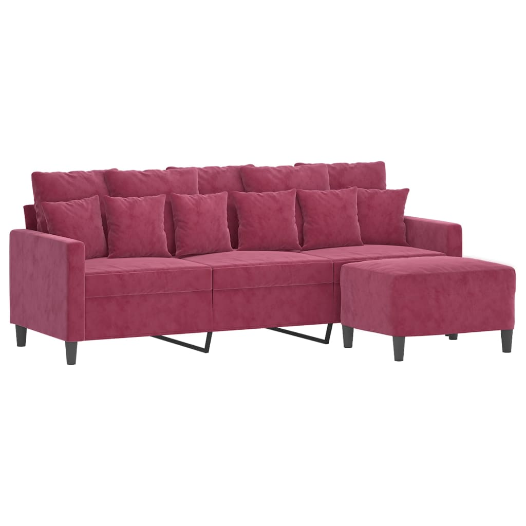 3-personers sofa med fodskammel 180 cm velour vinrød