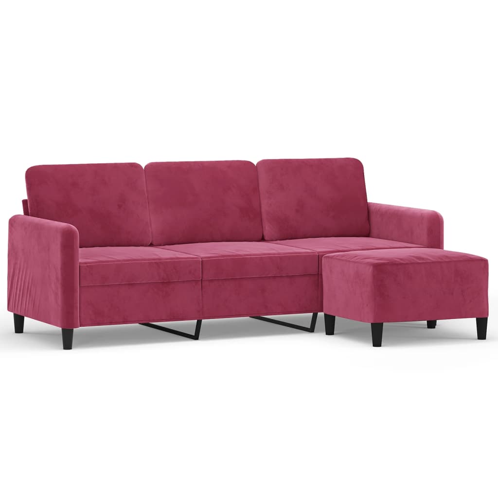 3-personers sofa med fodskammel 180 cm velour vinrød