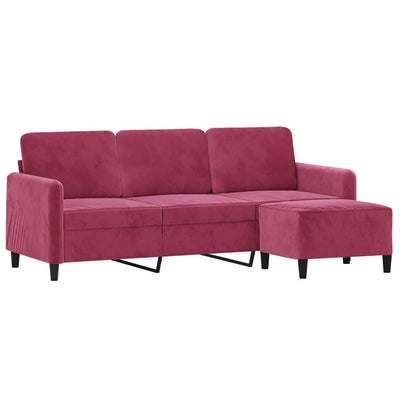 3-personers sofa med fodskammel 180 cm velour vinrød