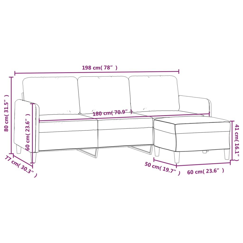 3-personers sofa med fodskammel 180 cm velour vinrød