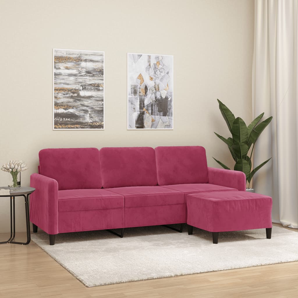 3-personers sofa med fodskammel 180 cm velour vinrød