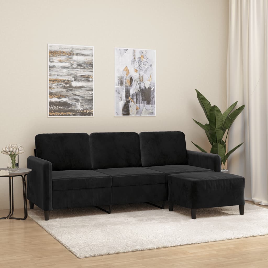 3-personers sofa med fodskammel 180 cm velour sort