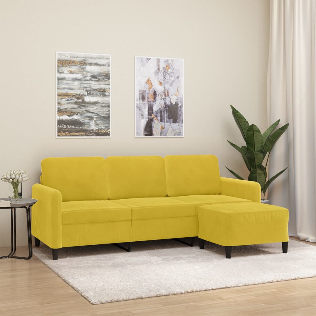 3-personers sofa med fodskammel 180 cm velour gul