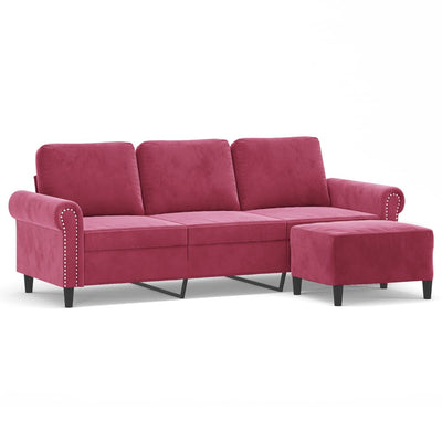 3-personers sofa med fodskammel 180 cm velour vinrød