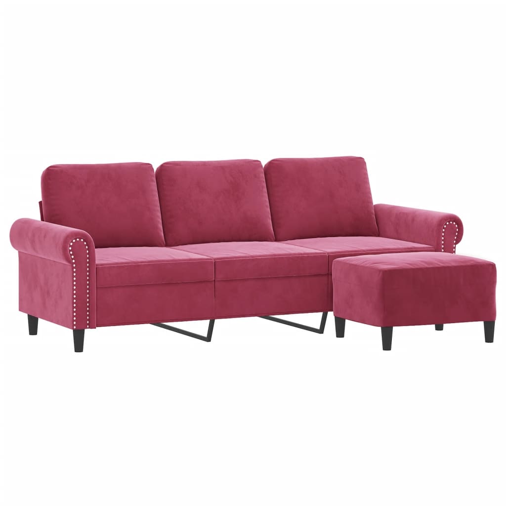 3-personers sofa med fodskammel 180 cm velour vinrød