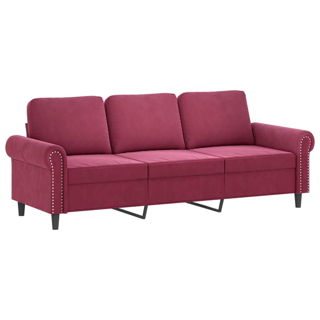 3-personers sofa med fodskammel 180 cm velour vinrød