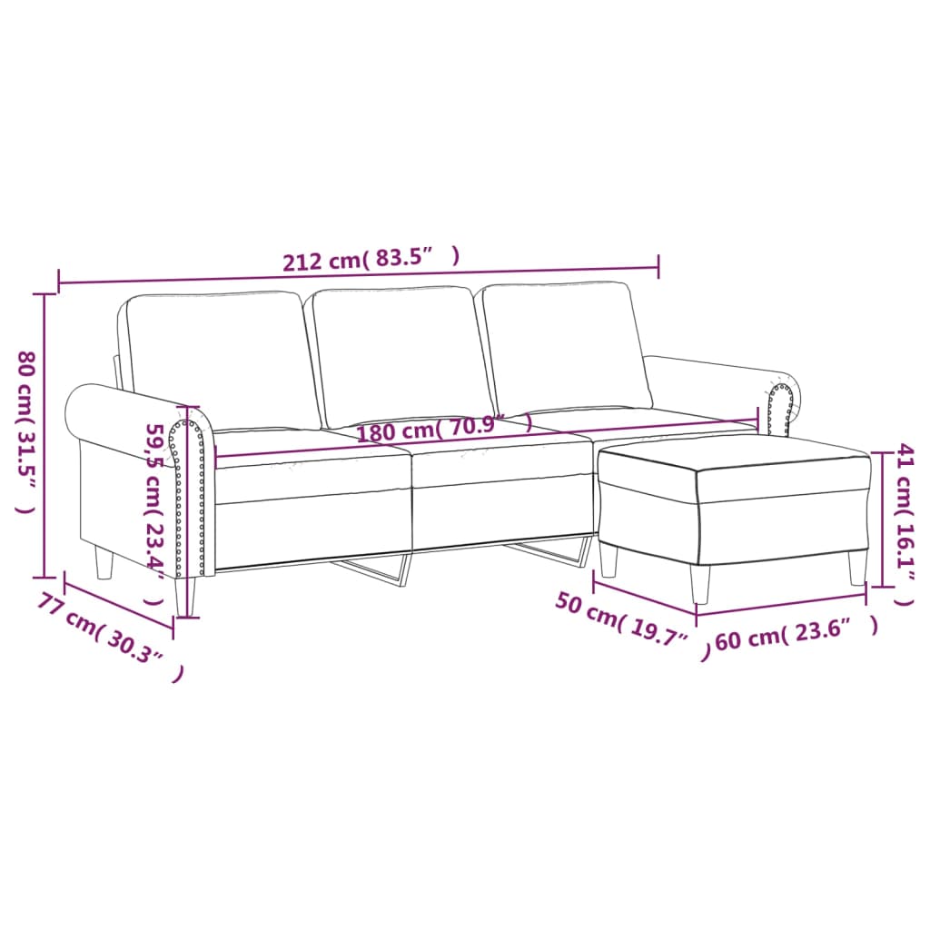 3-personers sofa med fodskammel 180 cm velour vinrød