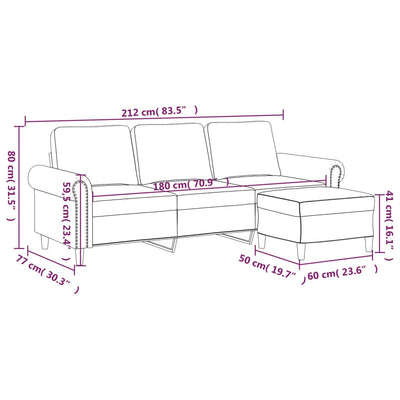 3-personers sofa med fodskammel 180 cm velour vinrød