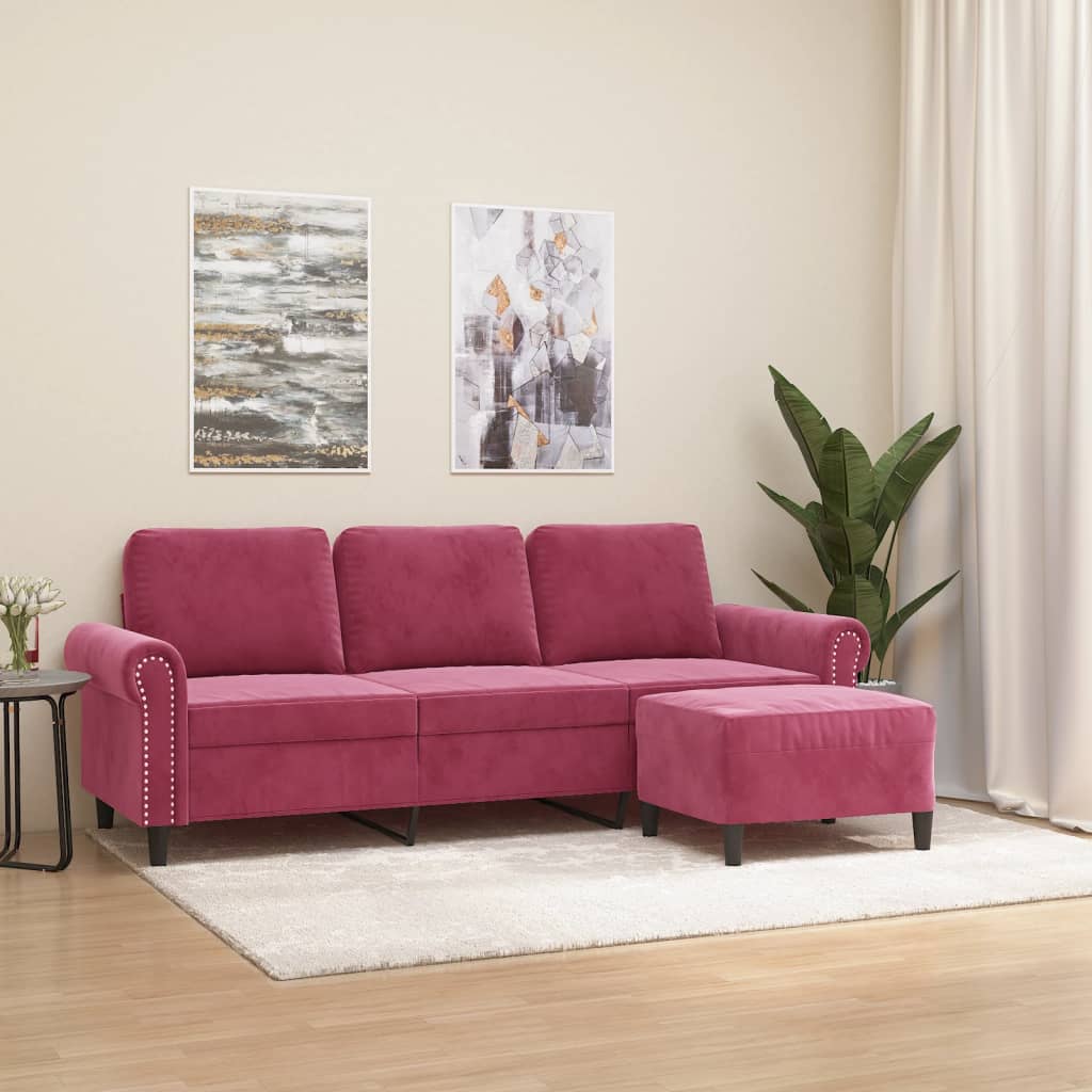 3-personers sofa med fodskammel 180 cm velour vinrød