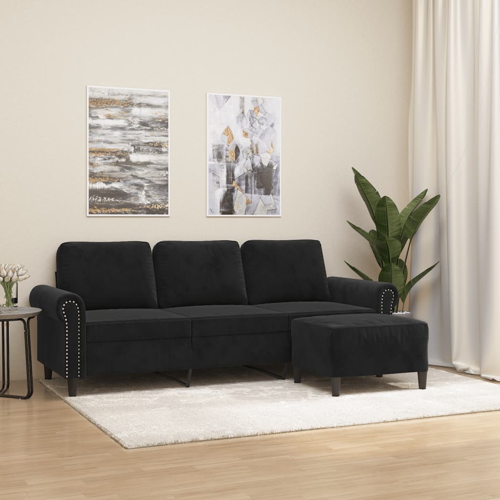 3-personers sofa med fodskammel 180 cm velour sort