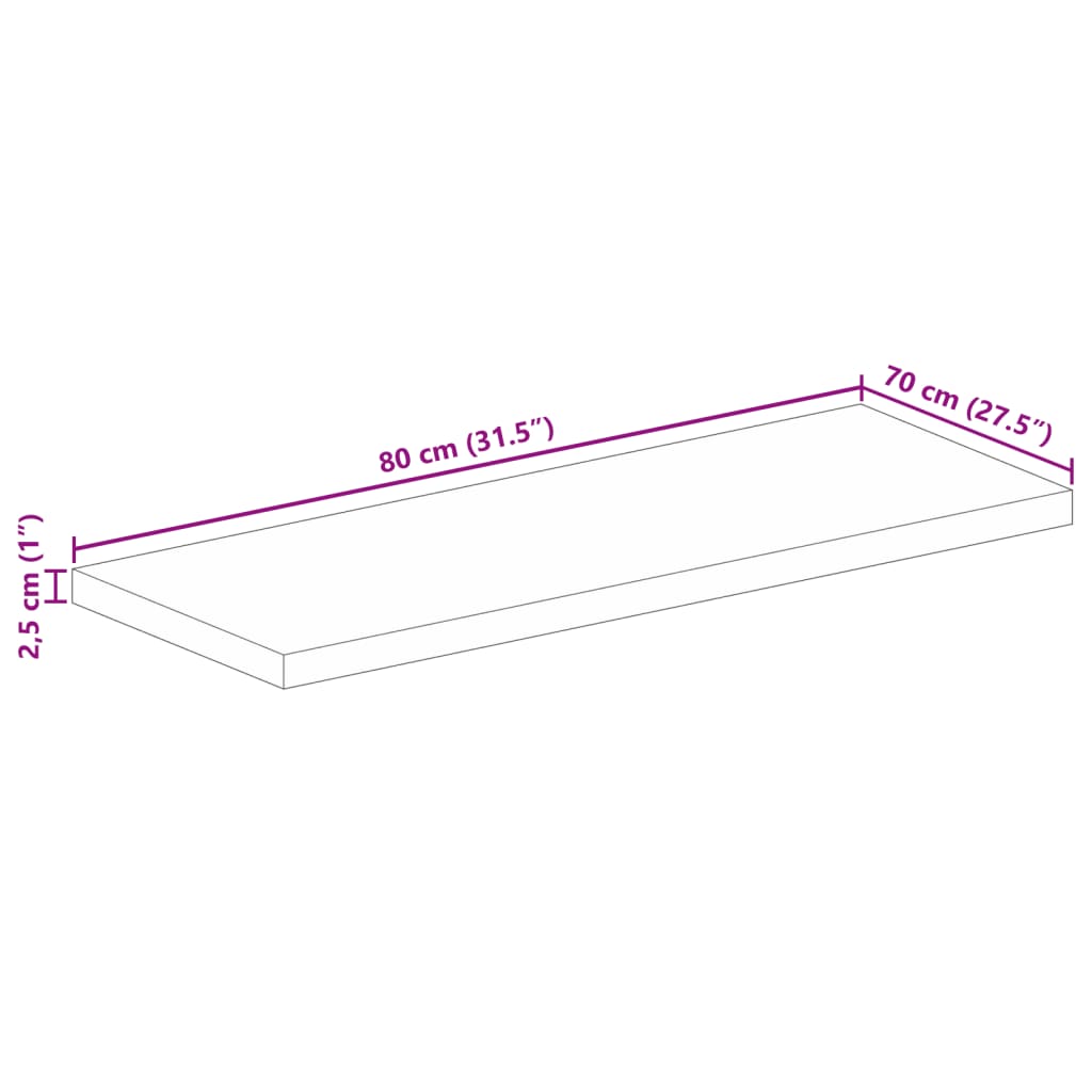 bordplade 80x70x2,5 cm rektangulær massivt akacietræ