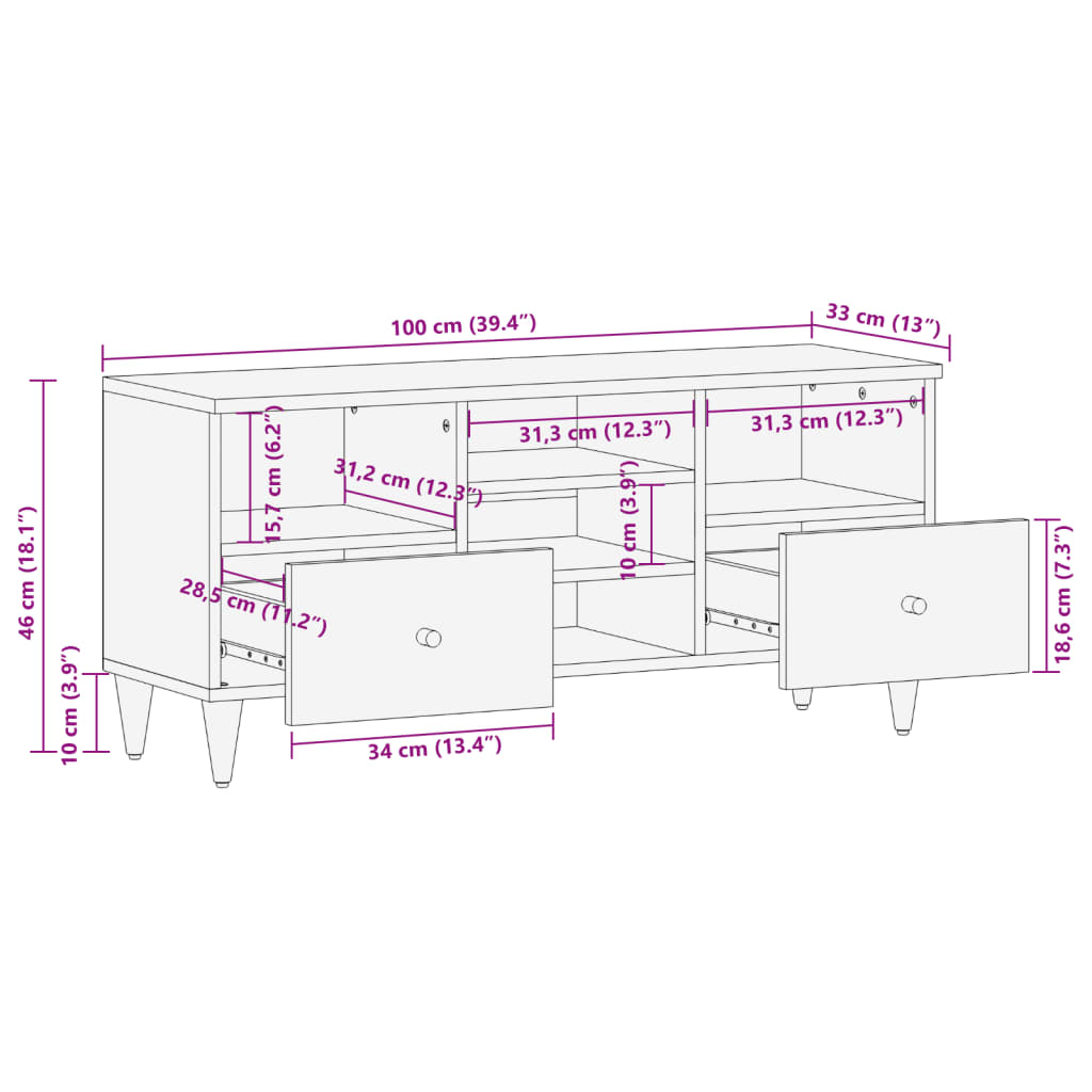 tv-bord 100x33x46 cm massivt mangotræ