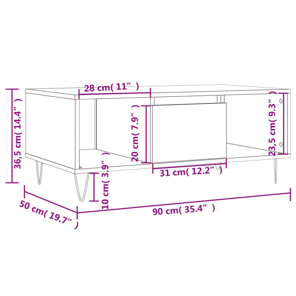 sofabord 90x50x36,5 cm konstrueret træ hvid