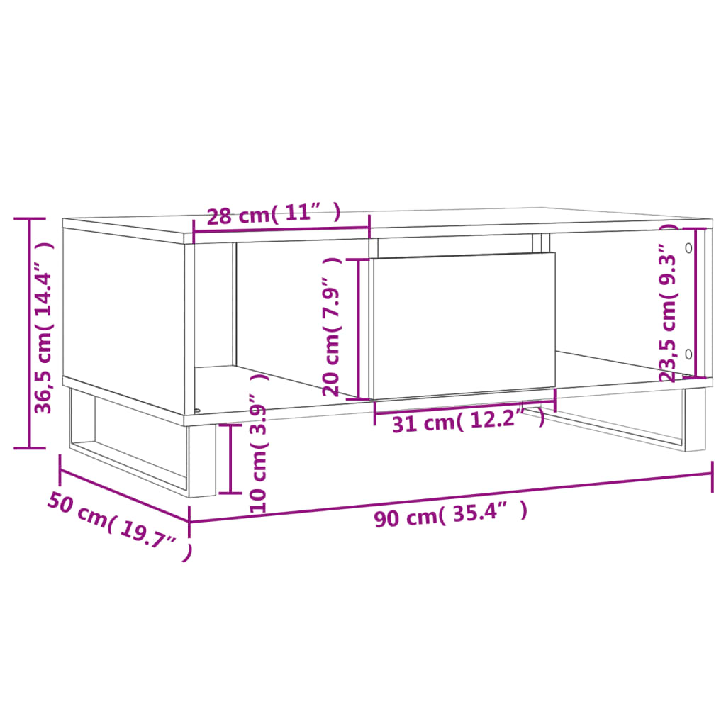 sofabord 90x50x36,5 cm konstrueret træ hvid