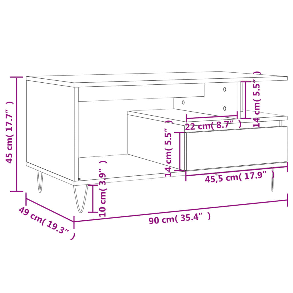 sofabord 90x49x45 cm konstrueret træ hvid