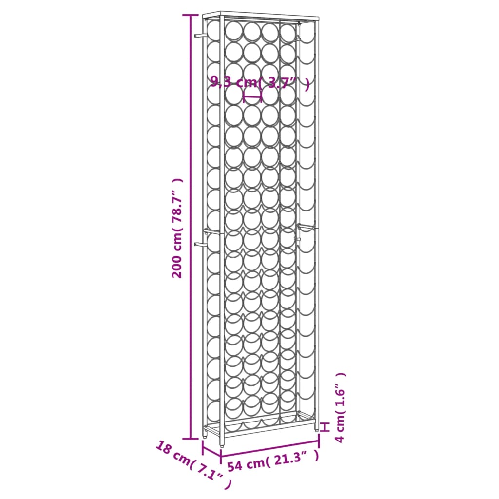 vinreol til 95 flasker 54x18x200 cm smedejern sort