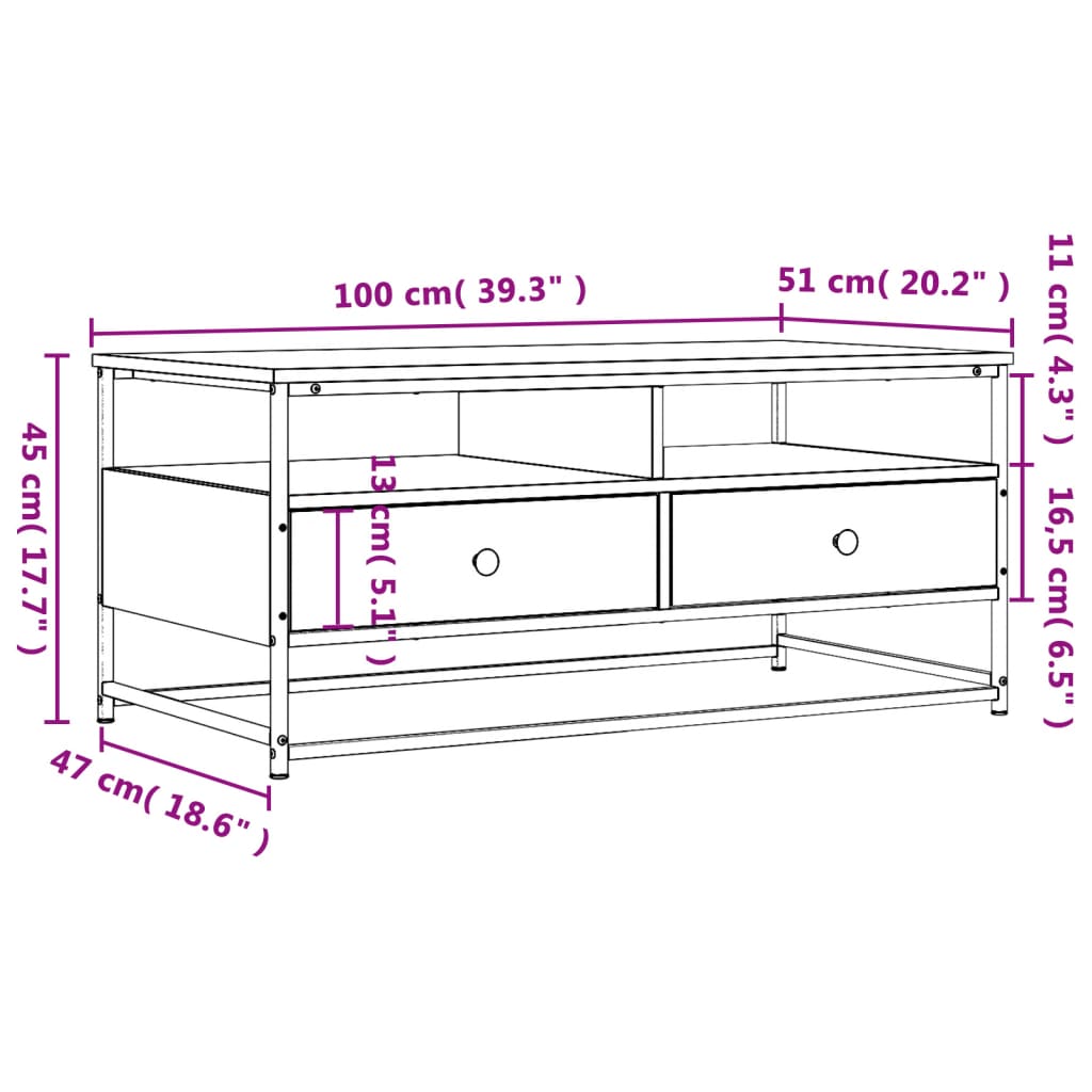 sofabord 100x51x44 cm konstrueret træ røget egetræsfarve