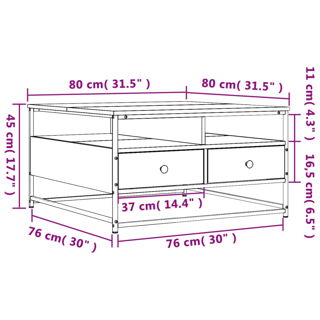 sofabord 80x80x45 cm konstrueret træ grå sonoma-eg