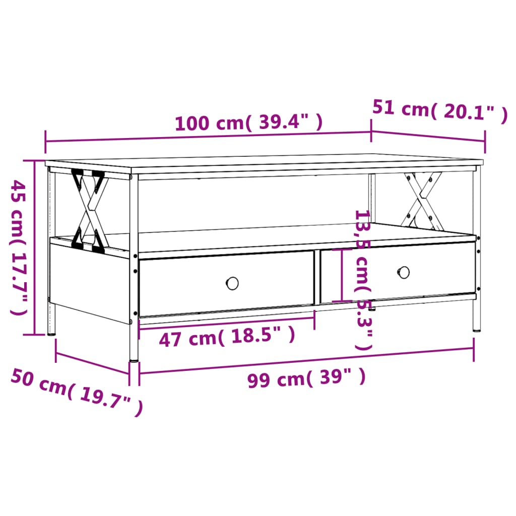 sofabord 100x51x45 cm konstrueret træ sort