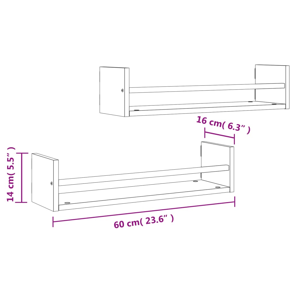 væghylder med stænger 2 stk. 60x16x14 cm sonoma-eg