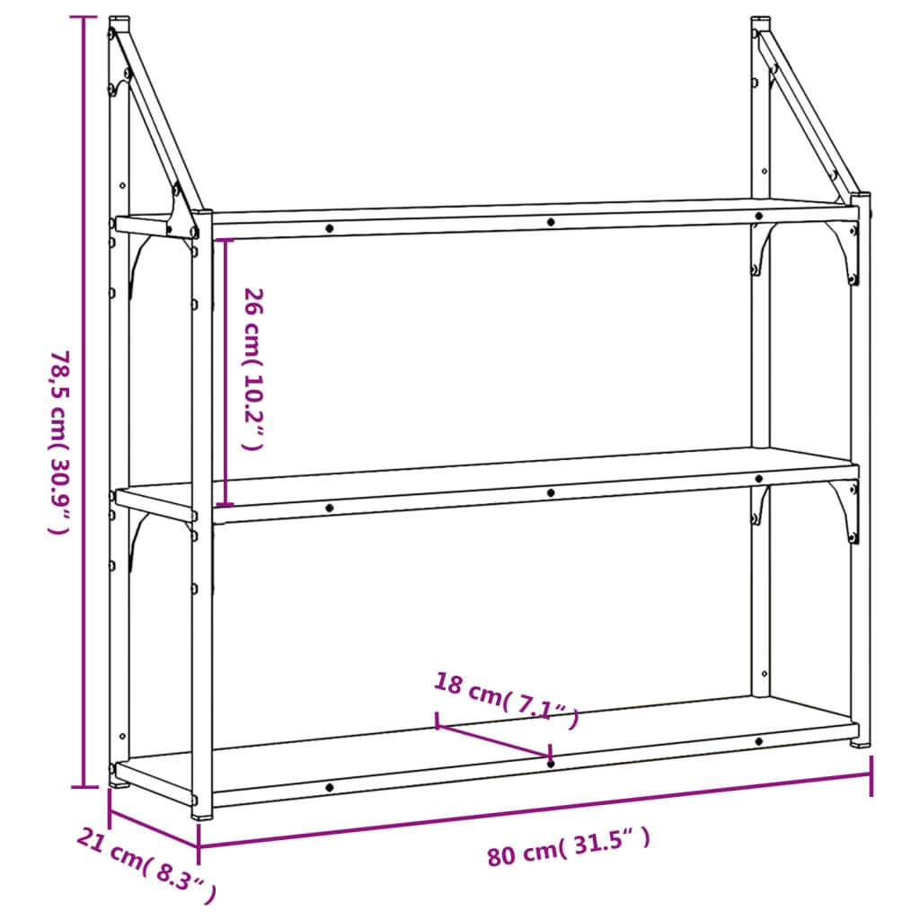 vægreol med 3 hylder 80x21x78,5 cm konstrueret træ sort