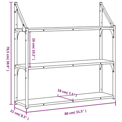 vægreol med 3 hylder 80x21x78,5 cm konstrueret træ sort