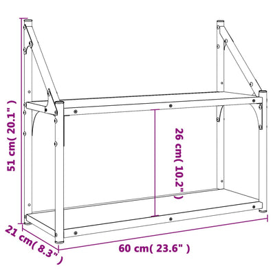 væghylde med 2 hylder 60x21x51 cm konstrueret træ sort