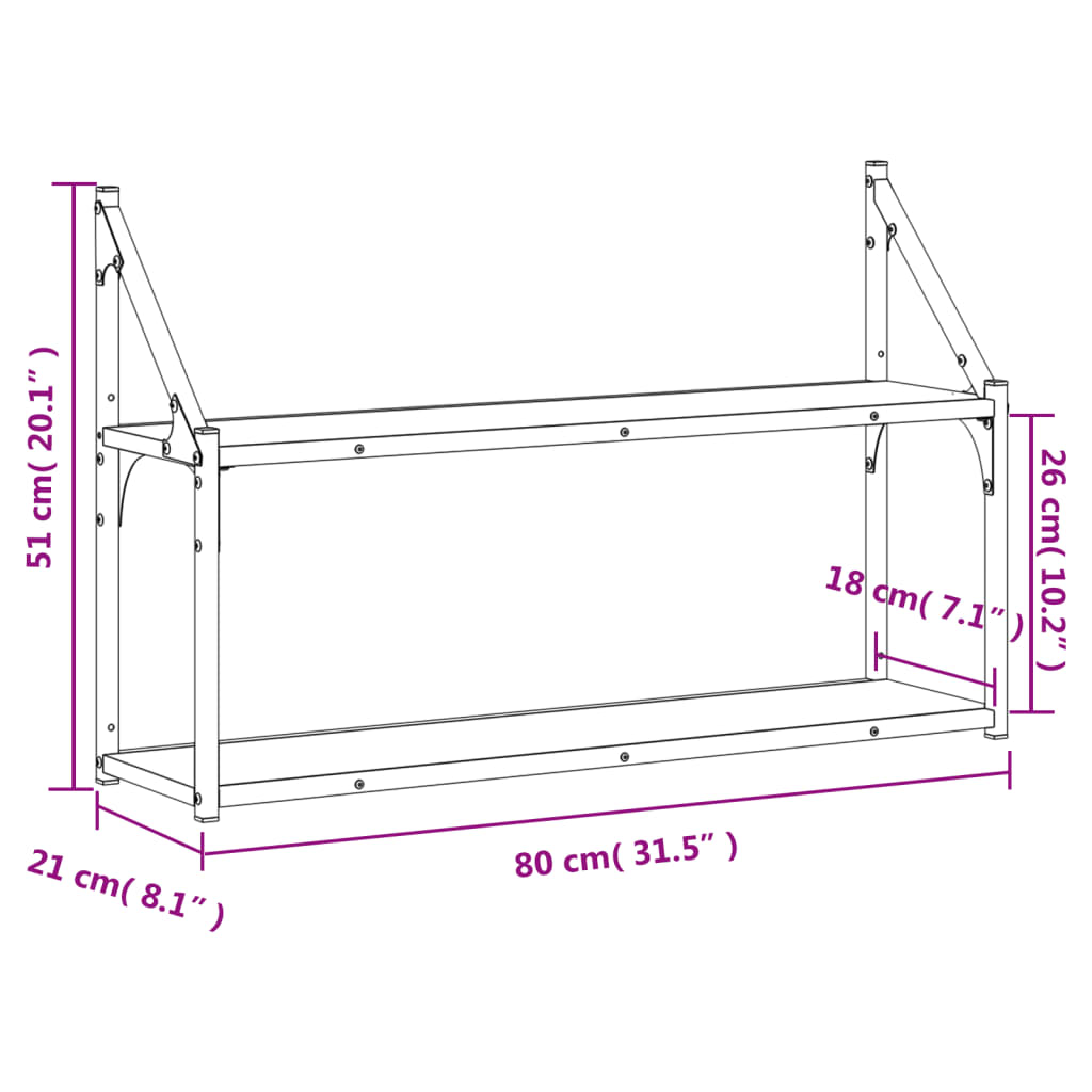 væghylde med 2 hylder 80x21x51 cm konstrueret træ sort