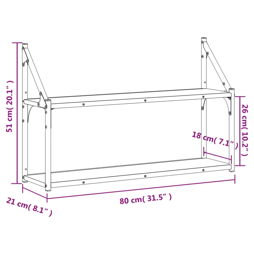 vægreol med 2 hylder 80x21x51 cm konstrueret træ sonoma-eg