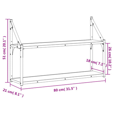 vægreol m. 2 hylder 80x21x51 cm konstrueret træ grå sonoma-eg