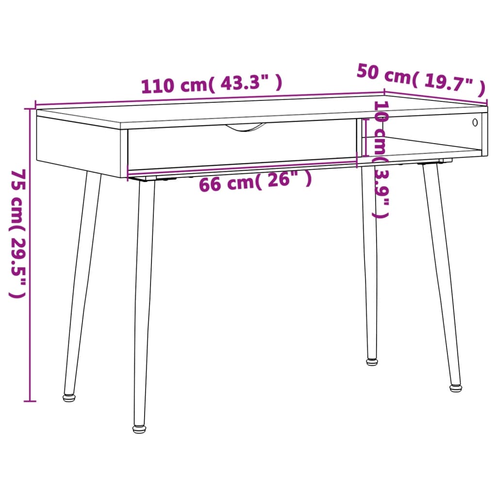 skrivebord med skuffe 110x50x75 cm konstrueret træ brun