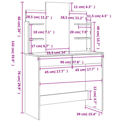 makeupbord med spejl 96x39x142 cm hvid