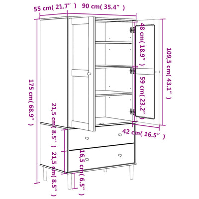 klædeskab SENJA 90x55x175 cm rattan-look massivt fyrretræ brun