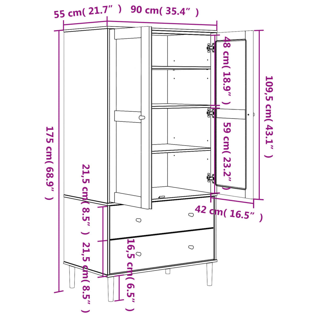 klædeskab SENJA 90x55x175 cm rattan-look massivt fyrretræ hvid