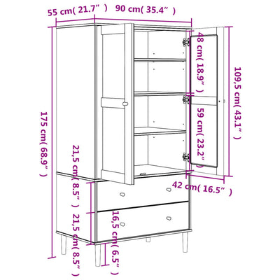 klædeskab SENJA 90x55x175 cm rattan-look massivt fyrretræ hvid