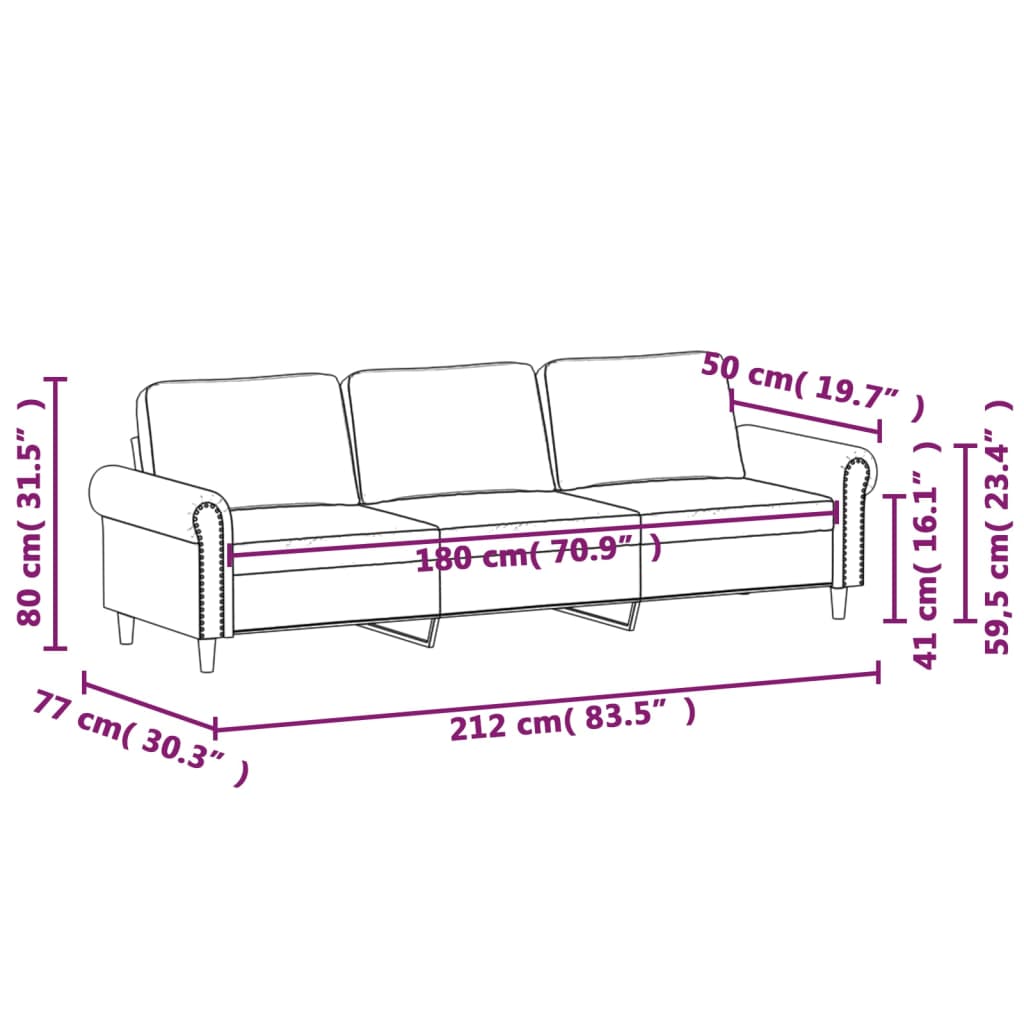 3-personers sofa 180 cm fløjl vinrød