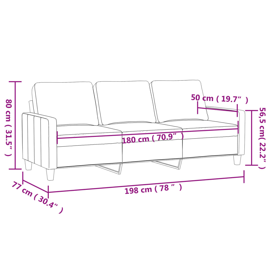 3-personers sofa 180 cm kunstlæder sort