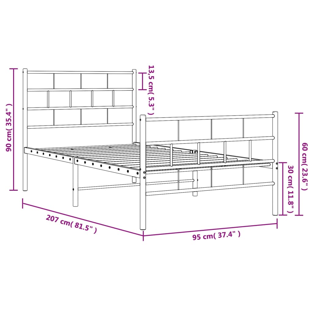 sengeramme med sengegavl og fodgærde 90x200 cm metal sort